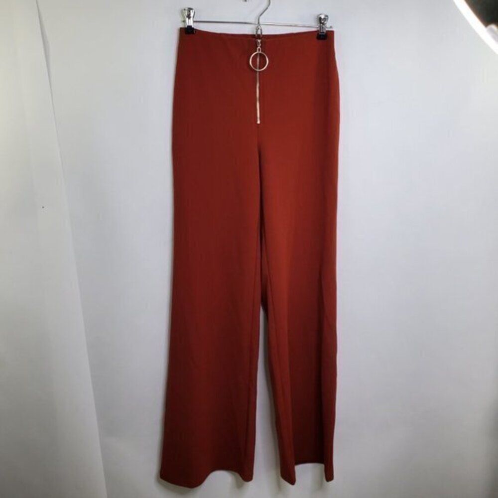 Retro High Waist Pants S Stretch Straight Leg Zip Mod 70s 60s Hippie Orange